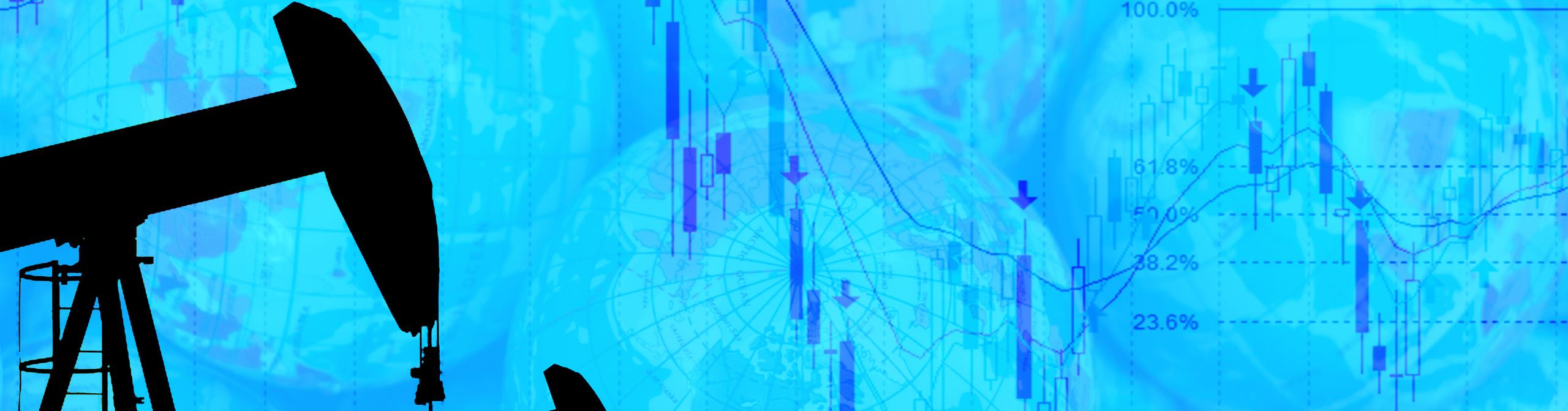 Working oil pumps against financial data graph chart on blue background