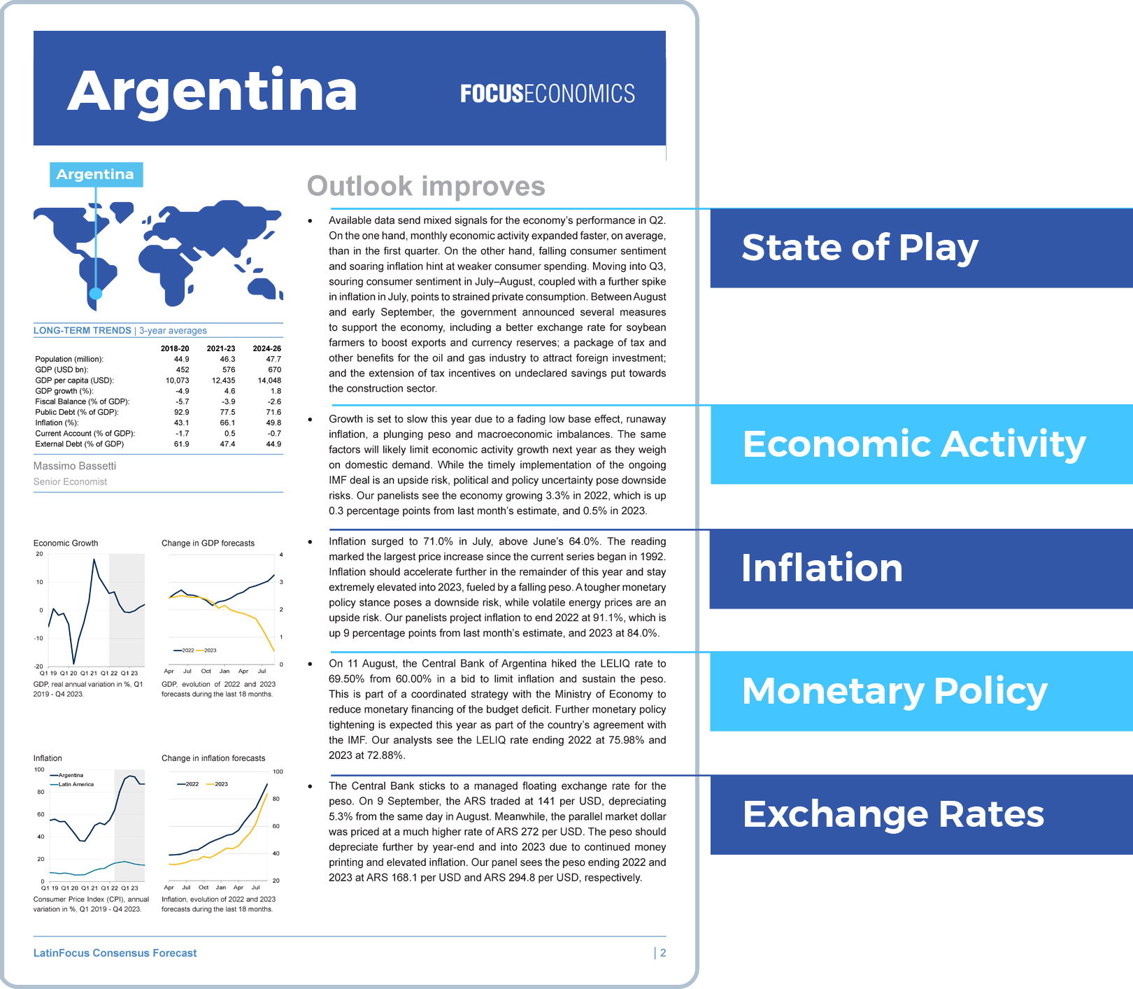 executive summary page from focuseconomics report on argentina economy
